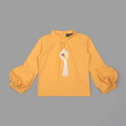 Actuel Woven Full Sleeves Floral Applique & Lace Detailed Heart Shaped Stone Embellished Top - Mustard-picture-10