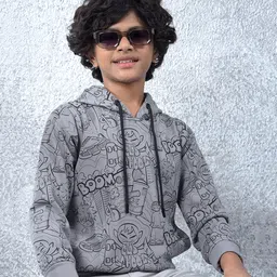 CRIMSOUNE CLUB Cotton Woven Full Sleeves Comic Panel Printed Light Winter Hooded Sweatshirt - Grey-picture-43