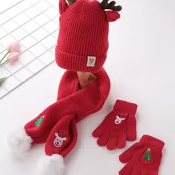 Babyhug Pom Pom Acrylic Woolen Cap Gloves & Muffler Set Christmas Design - Red image 2