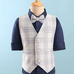 Mark & Mia Full Sleeves Party Suits With Yarn Dyed Checks Waist Coat & Bow Detailing - Navy Blue & Grey image 2