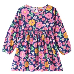 Babyhug Single Jersey Knit Full Sleeves Frock With Bloomer Floral Print- Navy image 2