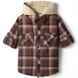 Rikidoos Full Sleeves Checked Shirt With Attached Hooded Tee - Brown & Fawn image 2