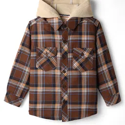 Rikidoos Full Sleeves Checked Shirt With Attached Hooded Tee - Brown & Fawn image 3