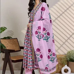 Indo Era Women Floral Printed Panelled Pure Cotton Kurta with Trousers & With Dupatta image 2