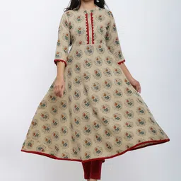 YASH GALLERY Women Beige & Maroon Printed A-Line Kurta image 5