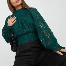 Styli High Neck Lace Insert Banded Waistband Blouse-image-64