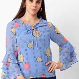 Globus Women Blue Floral Print Tie-Up Neck Ruffles Top-picture-39
