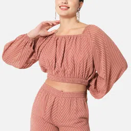 ALL WAYS YOU Self Design Puff Sleeve Georgette Blouson Crop Top-image-51