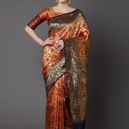 Mitera Red & Navy Blue Floral Zari Silk Blend Saree-picture-25