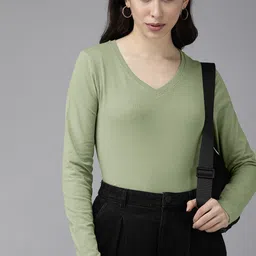 The Roadster Lifestyle Co Women Sea Green V-Neck Pure Cotton T-shirt-image-57