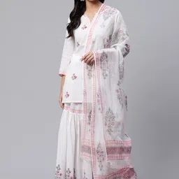 Divena Women White & Red Printed Kurti with Sharara & Dupatta image 1