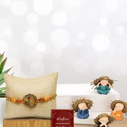 eCraftIndia Orange Rakhi with Set of 4 Monks Showpiece and Roli Chawal Pack,Greeting Card-picture-46