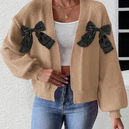 StyleCast x Revolte Women Cable Knit Self Design Embellished Bow Cardigan-picture-34