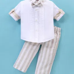 Little Kangaroos 100% Cotton Knit Full Sleeves Solid Colour Shirt with Striped Trousers & Bow - White-picture-27