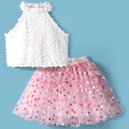 lil' drama Lil Drama Halter Neck Fur Detailed Top With Polka Dots Shimmer Embellished Skirt Set - White & Pink image 1