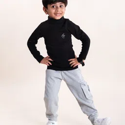 Kiddopanti Cotton Full Sleeves Turtle Neck Brand Logo Printed Tee With Fleece Pocket Detailed Solid Cargo Track Pant Set - Black & Grey Melange-picture-21
