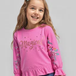 Babyhug Cotton Knit Full Peasant Sleeves Sweatshirt With Floral Embroidery & Foil Print - Dark Pink-picture-26