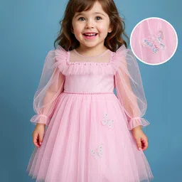 Babyhug Woven Full Puffed Sleeves Party Dress With Butterfly Applique & Pearl Detailing - Baby Pink-picture-24