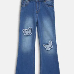 Lilpicks Couture Butterfly Ribbed Denim Jeans - Medium Blue-image-70