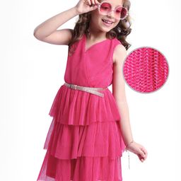 Hola Bonita Mesh Knit Sleeveless Pleated Glittered Front Overlapping Party Dress with Ruffle- Fuchsia-picture-3