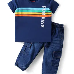 Babyhug Single Jersey Knit Half Sleeves T-Shirt & Denim Joggers Set with Text Print & Stripes - Navy Blue-picture-19