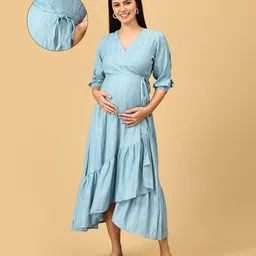 The Mom Store Cotton Blend Three Fourth Sleeves Abstract Printed Maternity Wrap Dress With Zipless Nursing Access - Blue-image-12