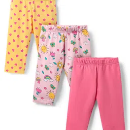 Babyhug Cotton Lycra Knit Three Fourth Leggings with Heart & Floral Print Pack of 3 - Yellow & Pink-picture-26