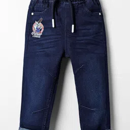 Babyhug Denim Full Length Washed Jeans With Stretch & Text Print - Navy Blue-picture-30