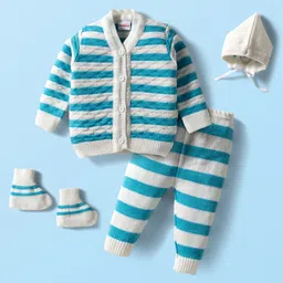 Babyhug Knit Full Sleeves Striped Front Open Sweater Set with Pair of Socks & Cap - Light Blue & White-picture-16