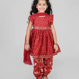 Babyhug Woven Frill Sleeves Rayon Printed Kurti Churidar & Dupatta Set - Red-picture-22