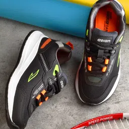 asian Mesh Detailed & Colour Blocked With Lace Up Running Shoes - Black & Green-picture-29