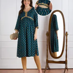 Bella Mama Woven Three Forth Sleeves Maternity Kurta With Floral Embroidered Yoke & Foil Print - Teal Blue-picture-28