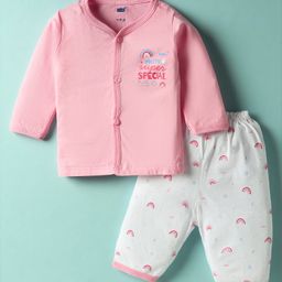 Simply Sinker Knit Full Sleeves Front Open Text & Rainbow Printed Night Suit - Pink-picture-2