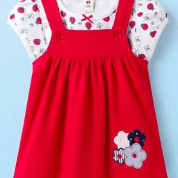 ToffyHouse Interlock Knit Half Sleeves Floral Printed Inner Tee & Frock Set - Red-picture-22