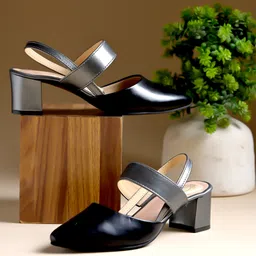 Shoetopia Dual Tone Pointed Slingback Colour Blocked Block Heels - Black-picture-27