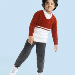 Babyhug Full Sleeves Pullover Sweater with Cable Knit Design - Rust Brown image 2