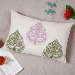 Ratan Cart White & Green Embroidered Rectangle Cushion Cover image 1