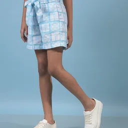 CRIMSOUNE CLUB Cotton Woven Checked & Palm Tree Printed Shorts - Blue image 4