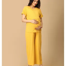 The Mom Store Cotton Spandex Knit Half Sleeves Solid Coordinating Maternity Night Suit Set With Nursing Access - Yellow image 4