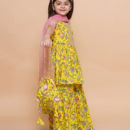 MODISH COUTURE Cotton Woven Sleeveless Floral Printed & Gota Lace Embellished Kurti Sharara With Dupatta & Potli Bag Set - Yellow & Pink image 4