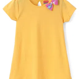 Babyhug Single Jersey Knit Half Sleeves Frocks With Bow Applique & Floral Print Pack Of 2 - Pink & Yellow image 4