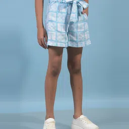 CRIMSOUNE CLUB Cotton Woven Checked & Palm Tree Printed Shorts - Blue image 5