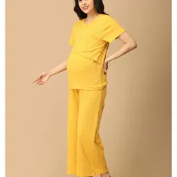 The Mom Store Cotton Spandex Knit Half Sleeves Solid Coordinating Maternity Night Suit Set With Nursing Access - Yellow image 5