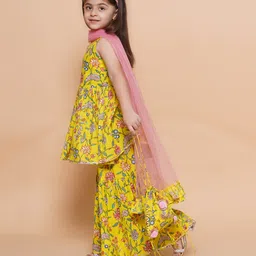 MODISH COUTURE Cotton Woven Sleeveless Floral Printed & Gota Lace Embellished Kurti Sharara With Dupatta & Potli Bag Set - Yellow & Pink image 5