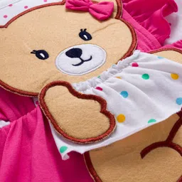 Babyhug Interlock Knit 100% Cotton Frock Style Onesies with Hairband & Teddy Patch- Dark Pink image 5
