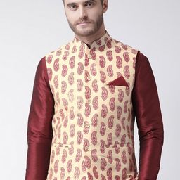 DEYANN Men Cream-Coloured & Maroon Printed Nehru Jacket-picture-48