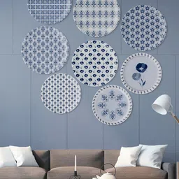 nestroots White & Blue 8 Pieces Geometric Printed Ceramic Wall Plates-picture-15