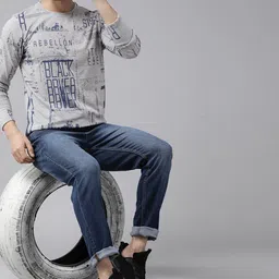 Roadster Men Grey Melange & Blue Typography Printed T-shirt image 5