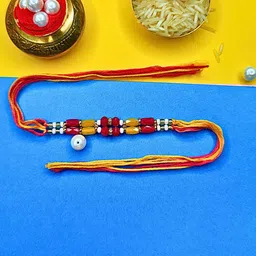 MANSIYAORANGE Set Of 3 Beaded Cotton Thread With AD Stones & Meenakari Thread Rakhi-picture-16