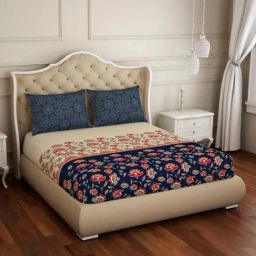 Spaces ATRIUM PLUS ECOM Navy & Beige Cotton 210 TC King Fitted Bedsheet with 2 Pillow Covers-picture-40